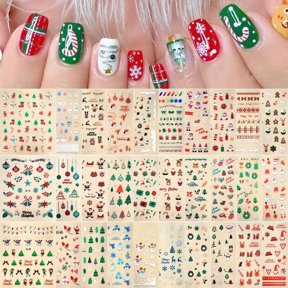 30 Sheets Christmas Nail Art Stickers 3D Self- Adhesive Pegatinas Uñas Snowman Snowflake Nail Decals White Red Christmas Nail Supplies for Women and Girls