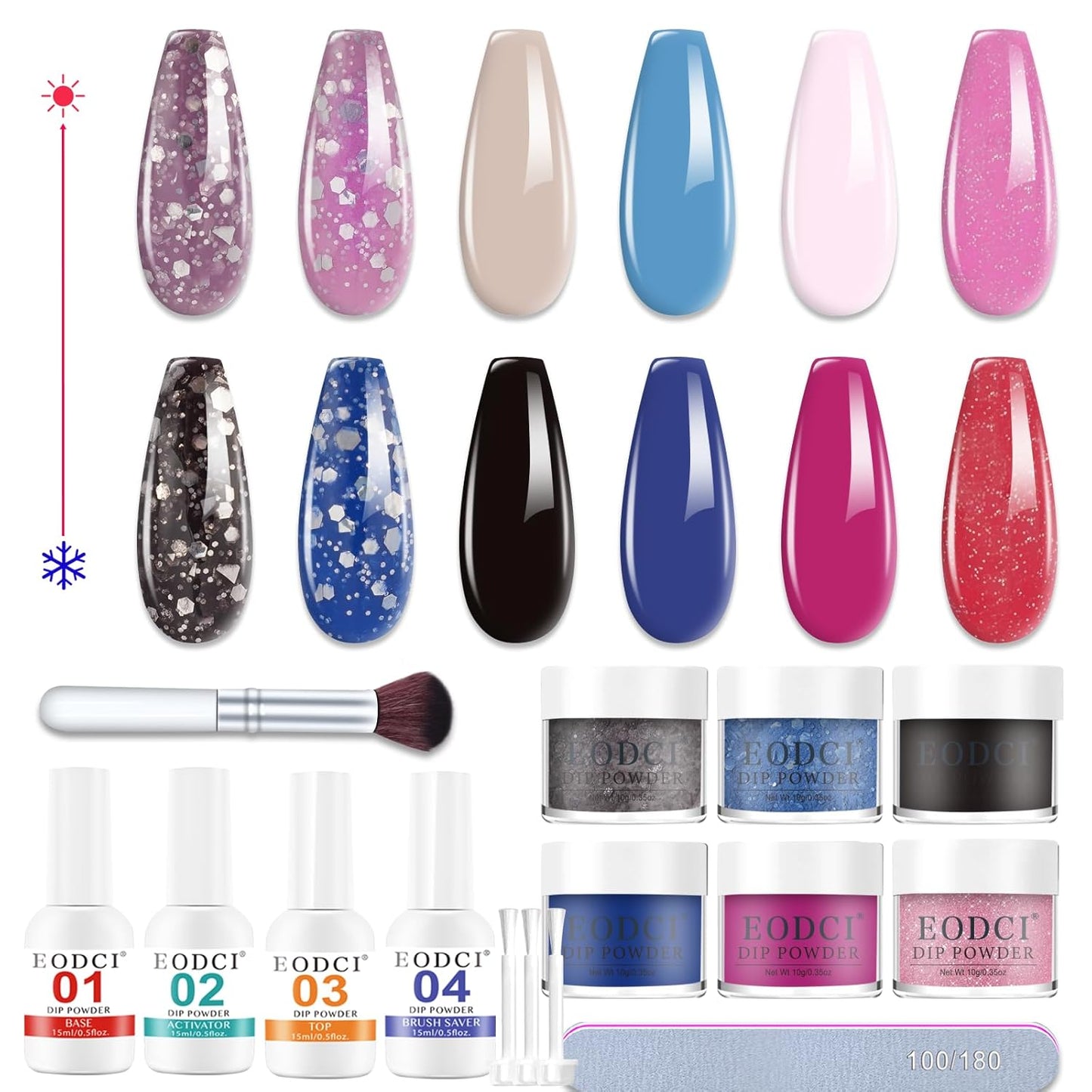Color Changing Dip Powder Nail Kit Starter, 6 Colors Dipping Powder Kit With Base & Top Coat/Activator/Brush Saver,Glitter Pink Blue Purple Mood Temperature Change, No Needed Nail Lamp Curing