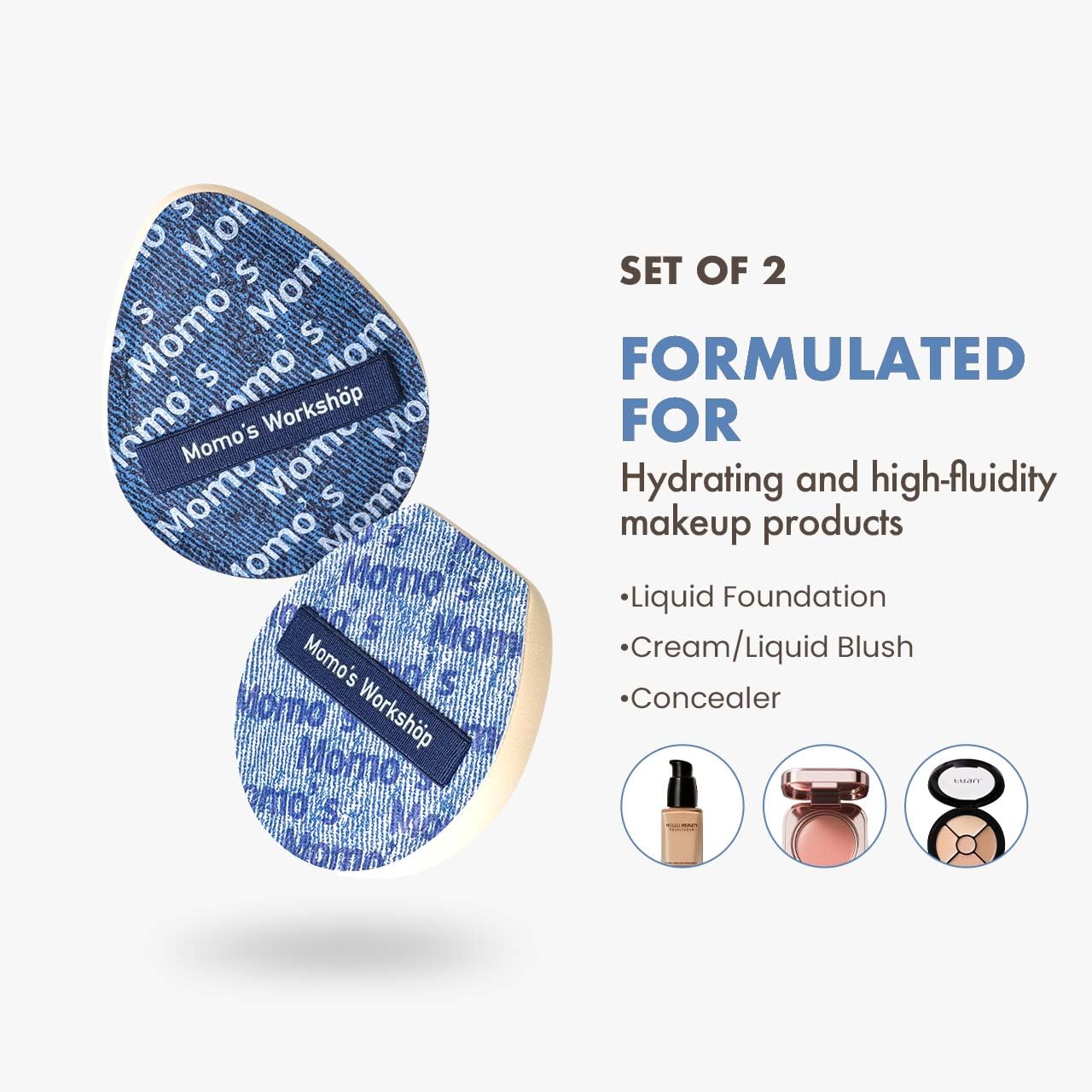 Blue Denim Makeup Sponges,Super Soft Blenders for Liquid Foundation, Dual Design (Egg + Flat Edge), Natural Skin-Like Finish, Makeup Puffs for Blending,Travel Friendly,2pcs for Halloween Themed