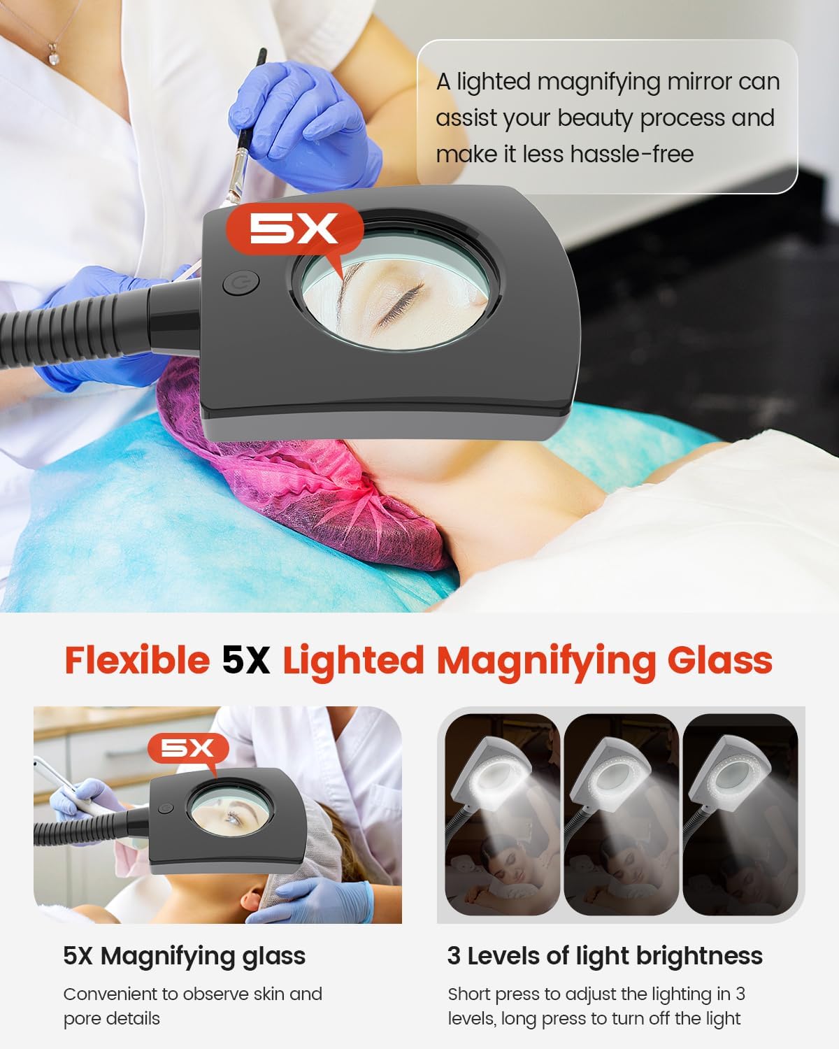 Kingsteam 2-in-1 Salon Grade Professional Facial Steamer with 5X Magnifying Lamp,Esthetician Steamer for Women,Hot Mist Face Steame: 2 Adjustable Steam Levels, 60 Min Timer & 3-Level LED Light (Black)