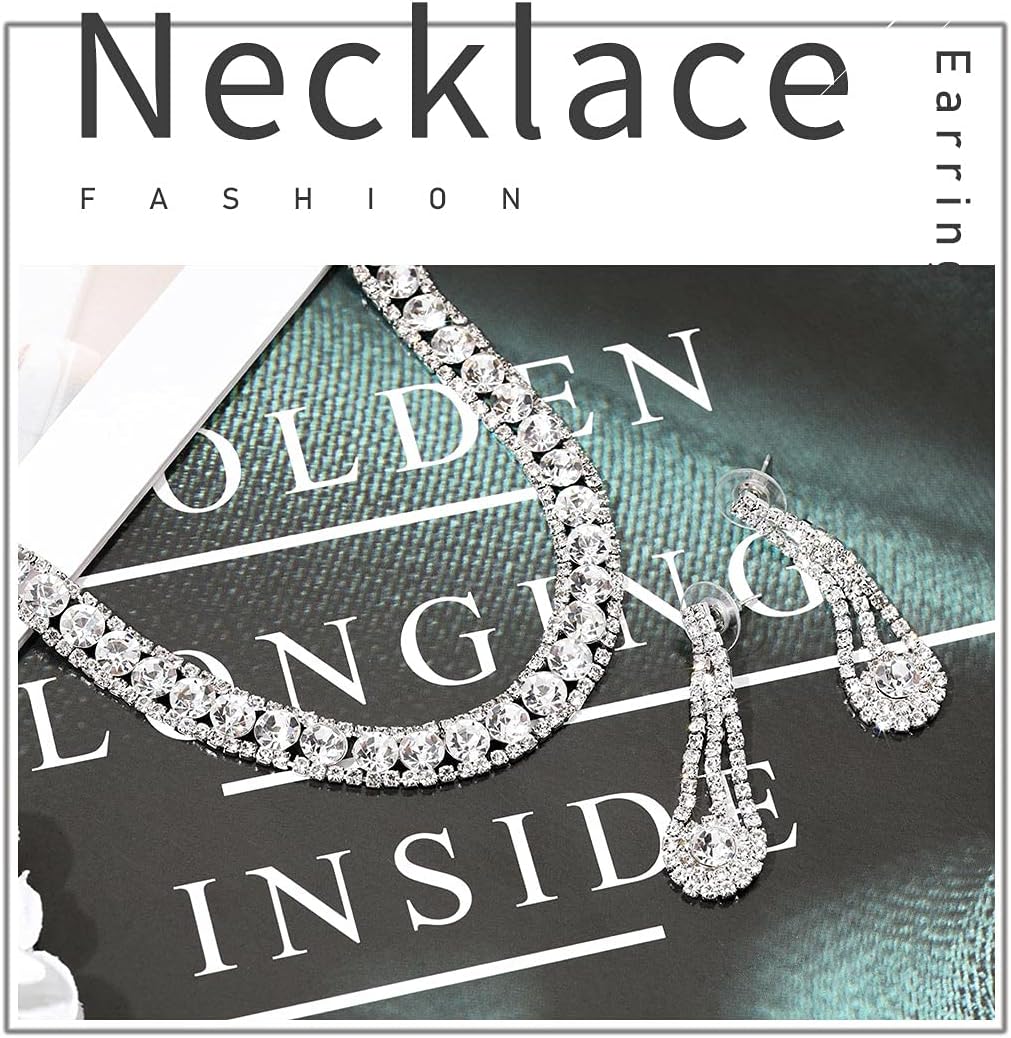 Yean Bride Silver Necklace Earrings Set Rhinestone Bridal Wedding Jewelry Sets Crystal Choker Necklace for Women (Set 3)