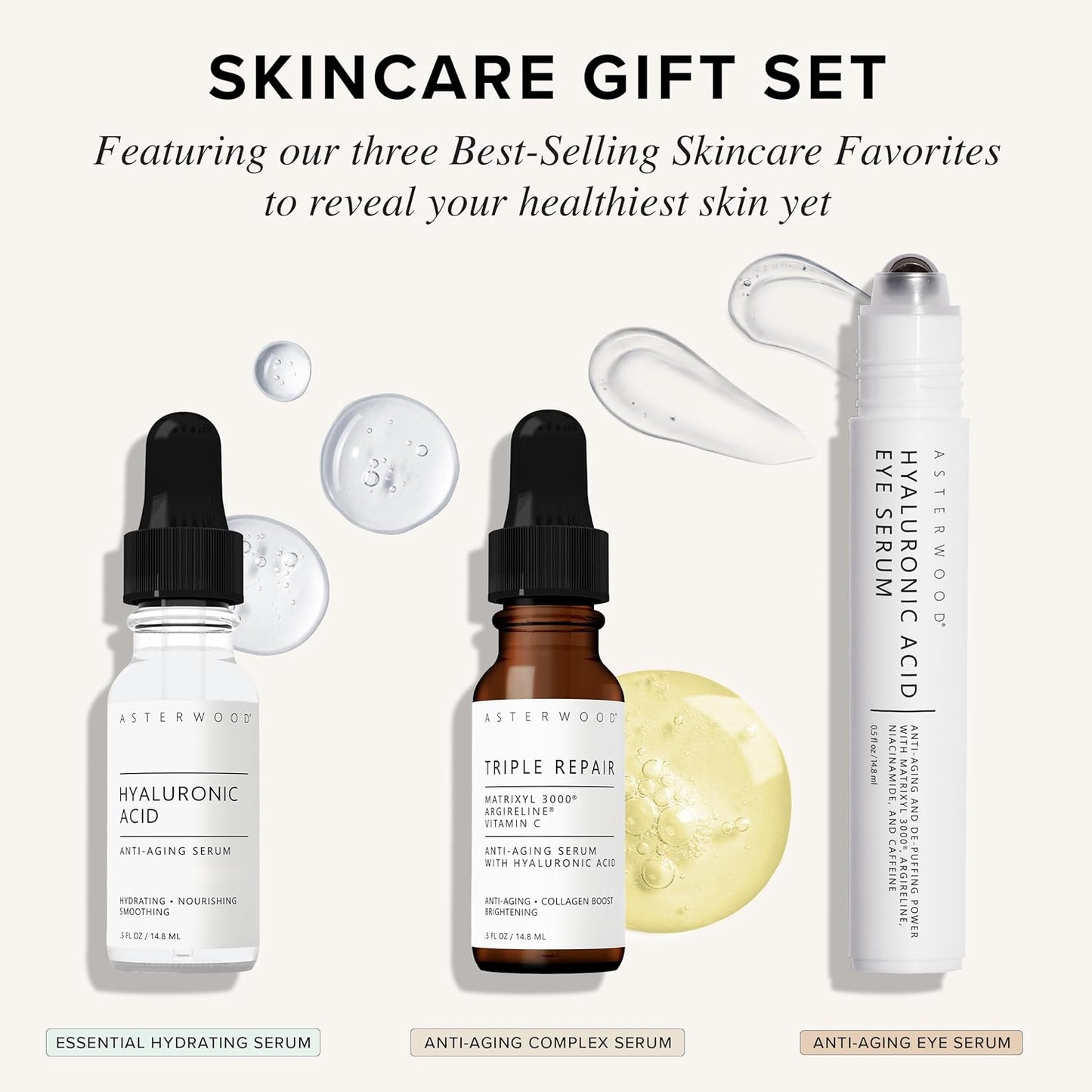 Asterwood Skin Care Set - with Hyaluronic Acid & Triple Repair Serums, Under Eye Serum - Skincare Essentials - Hydrating, Moisturzing, Anti-Aging - Fragrance-Free