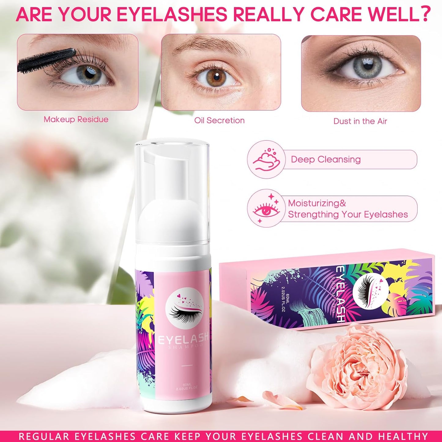 Buqikma Lash Cleaning Kit - Lash Shampoo Kit Eyelash Extension Cleanser for Extensions 60ML with Rechargeable Handheld Lash Fan Dryer Mascara Brush Rinse Bottle Makeup Cleansing Foam for Lash Care