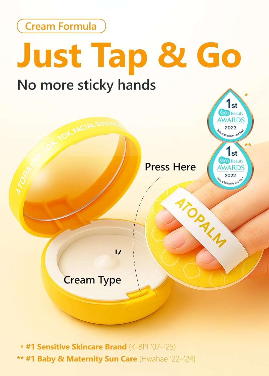 ATOPALM | Tok Tok Facial Sun Pact | Sun Cushion SPF43 PA+++ | Sunscreen Korean | For Dry and Sensitive Skin | Outdoor Sunscreen Compact | Moisturizing Spf Cushion Mineral Cream | Korean Skincare | 15g