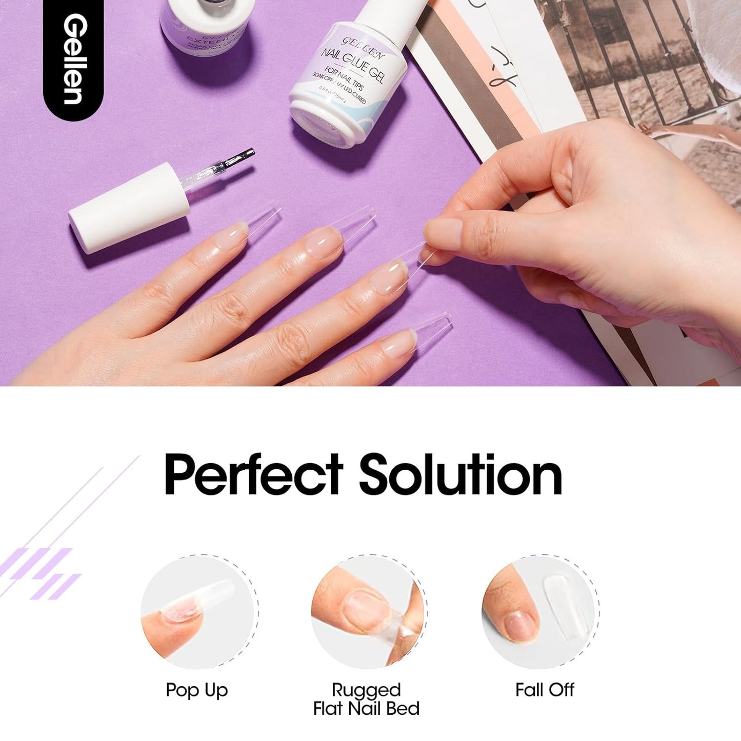 Gellen Nail Glue Gel, 2PCS 15ML 3 in 1 Gel Nail Glue for Acrylic Nail & Base Gel & Nail Strengthener Kit, Nail Glue for Press On Nails False Nails, Super Strong Gel Glue for Nail Extension