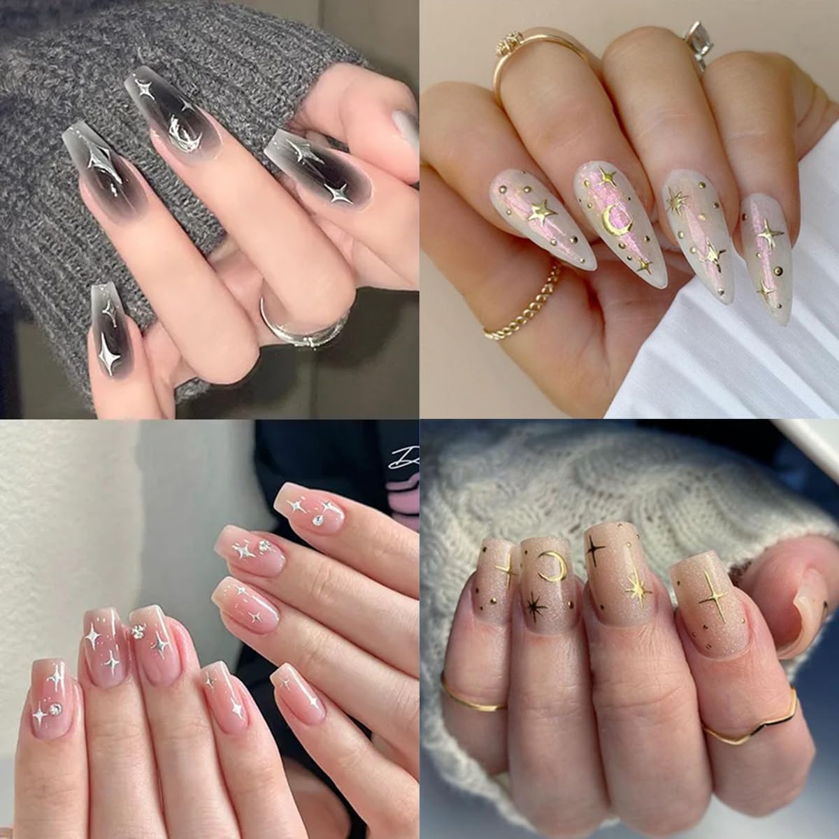 Moon Star Nail Stickers- 8Sheets Metallic Nail Art Stickers 3D Self-Adhesive Shiny Laser Stars Nail Supplies Gold Silver Nail Designs Stickers Sun Stars Moon Nail Decals for Women DIY Nail Decorations