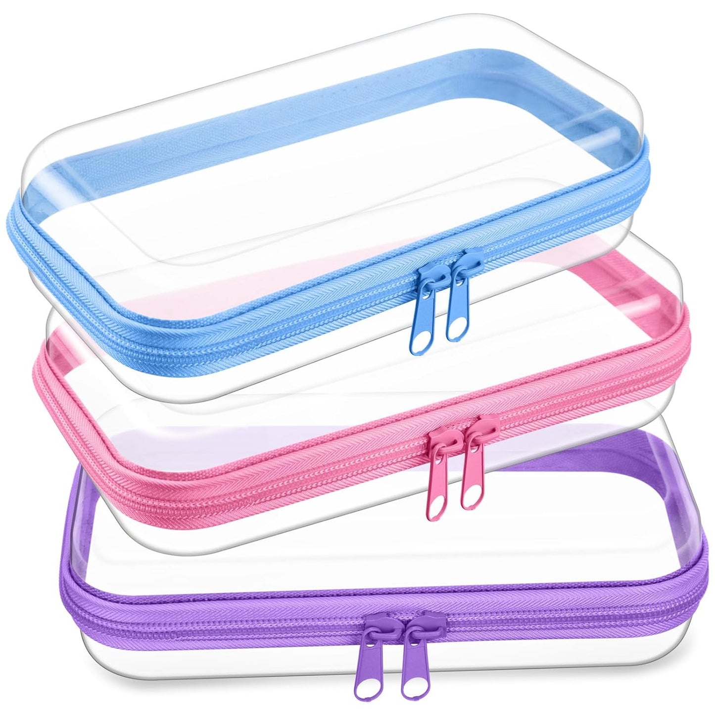 Hoolerry 3 Pcs Clear Hard Zipper Case Plastic Pouch Transparent Hard Case Clear Makeup Bag Portable Travel Organizer Bin for Cosmetics, Building Blocks, Puzzles(Multicolor,S)
