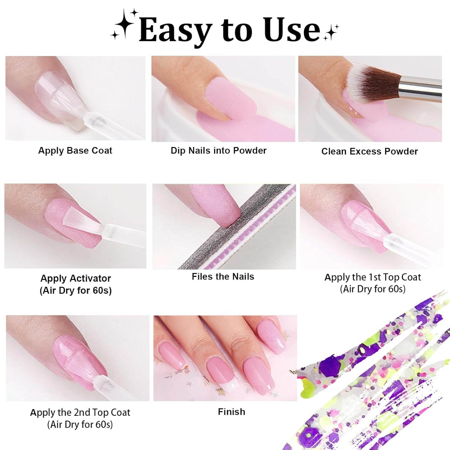 Dip Powder For Nails - Purple Pink Lime Green Hexagon Sequins - No Lamp Curing - Long Lasting Colors - Nail Art Starter Manicure DIY At Home - 1oz