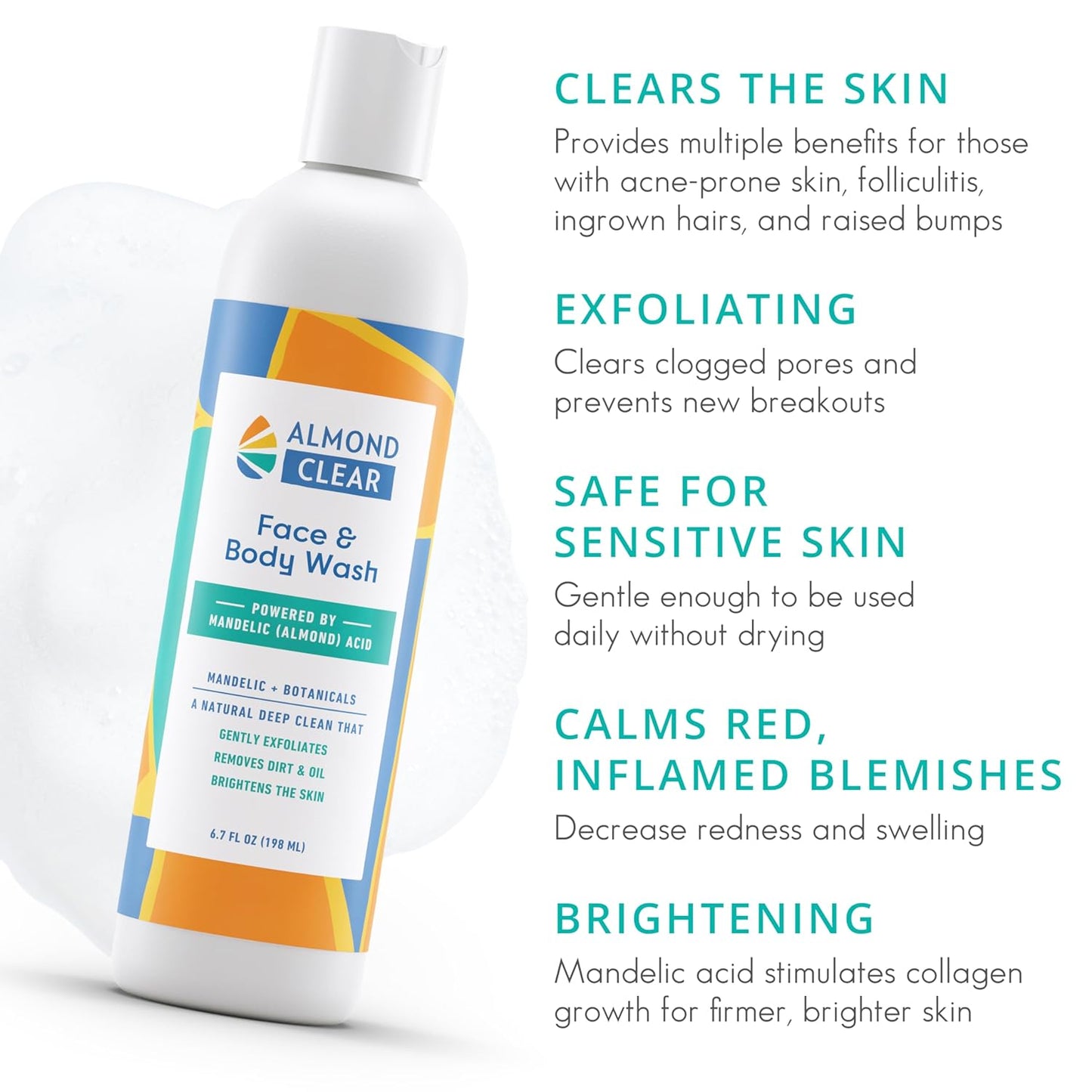 Face & Body Wash [6.7 Fl Oz] Skin Care for Acne and Folliculitis-Prone Skin - Gentle Everyday Exfoliating Cleanser with Mandelic Acid and Botanicals
