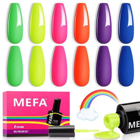 MEFA Neon Gel Nail Polish Set 6 Colors, Summer Neon Green Lime Yellow Pink Navy Blue Purple Orange Bright Vibrant Pride Month Soak Off Nail Art Design Manicure DIY at Home Salon Gifts for Women Girls