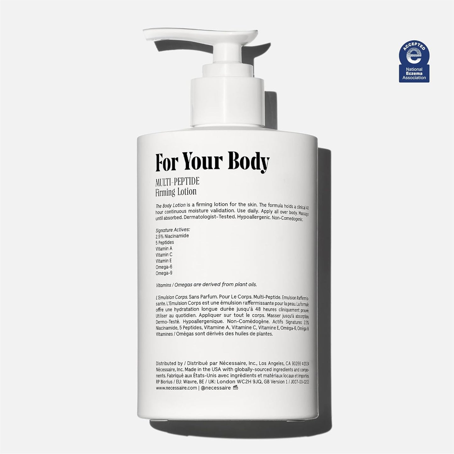 Nécessaire The Body Lotion with Pump. Fragrance-Free. Multi-Peptide Firming Lotion to Moisturize, Firm, Strengthen. 2.5% Niacinamide, Vitamin C/E + Omega 6/9. 450ml / 15.2 fl oz