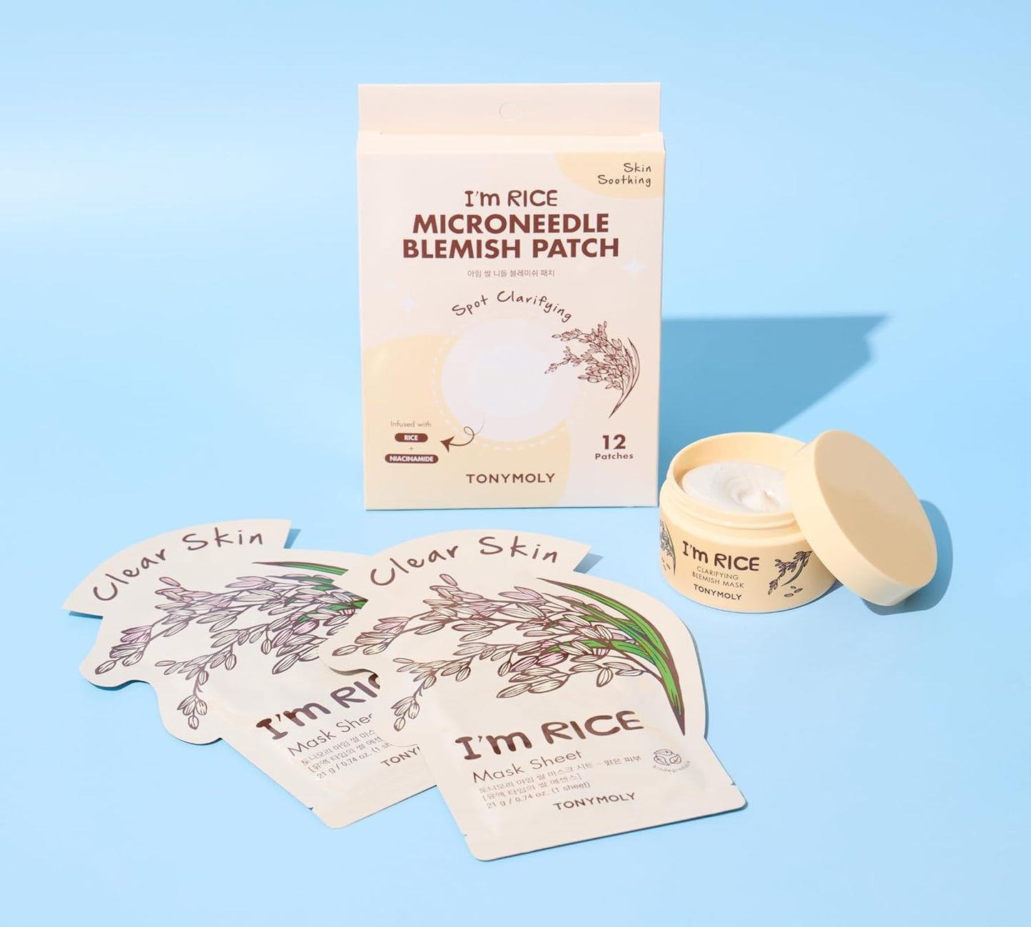 TONYMOLY I'm Rice Clarifying Skincare Set – 3-Step Face Care for Clear, Hydrated Skin – Includes Enzyme Powder Cleanser, Blemish Mask & Nourishing Sheet Masks – Gentle Exfoliation & Oil Control