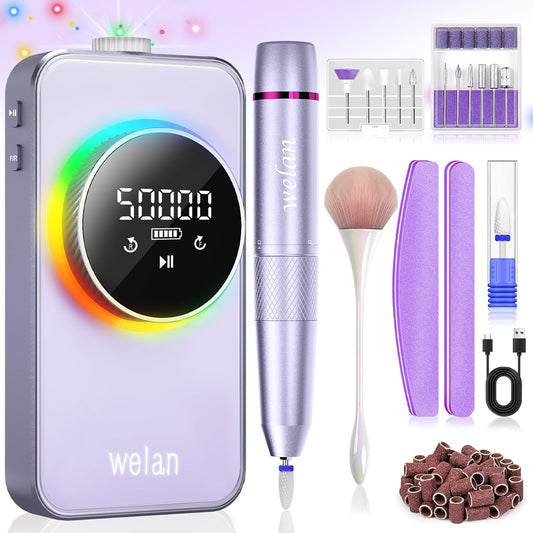 Electric Nail Drill Professional, 50000RPM Electric Nail File Portable Nail Drill Kit 6000mAh Rechargeable Machine for Acrylic Gel Nail, Manicure Pedicure Polishing Nail for Salon Home Purple