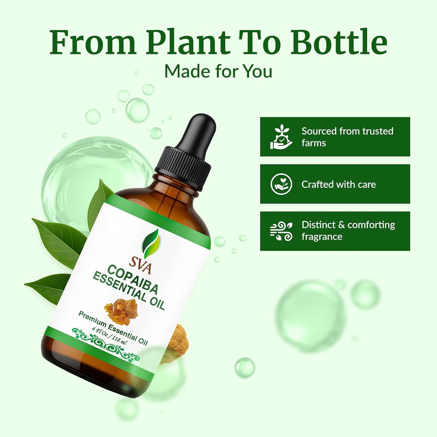 SVA Copaiba Essential Oil – 4 Fl Oz – 100% Natural Copaiba Oil - for Diffuser, Hair Care, Face, Skin Care, Aromatherapy, Scalp and Body Massage, Soap and Candle Making – with Dropper