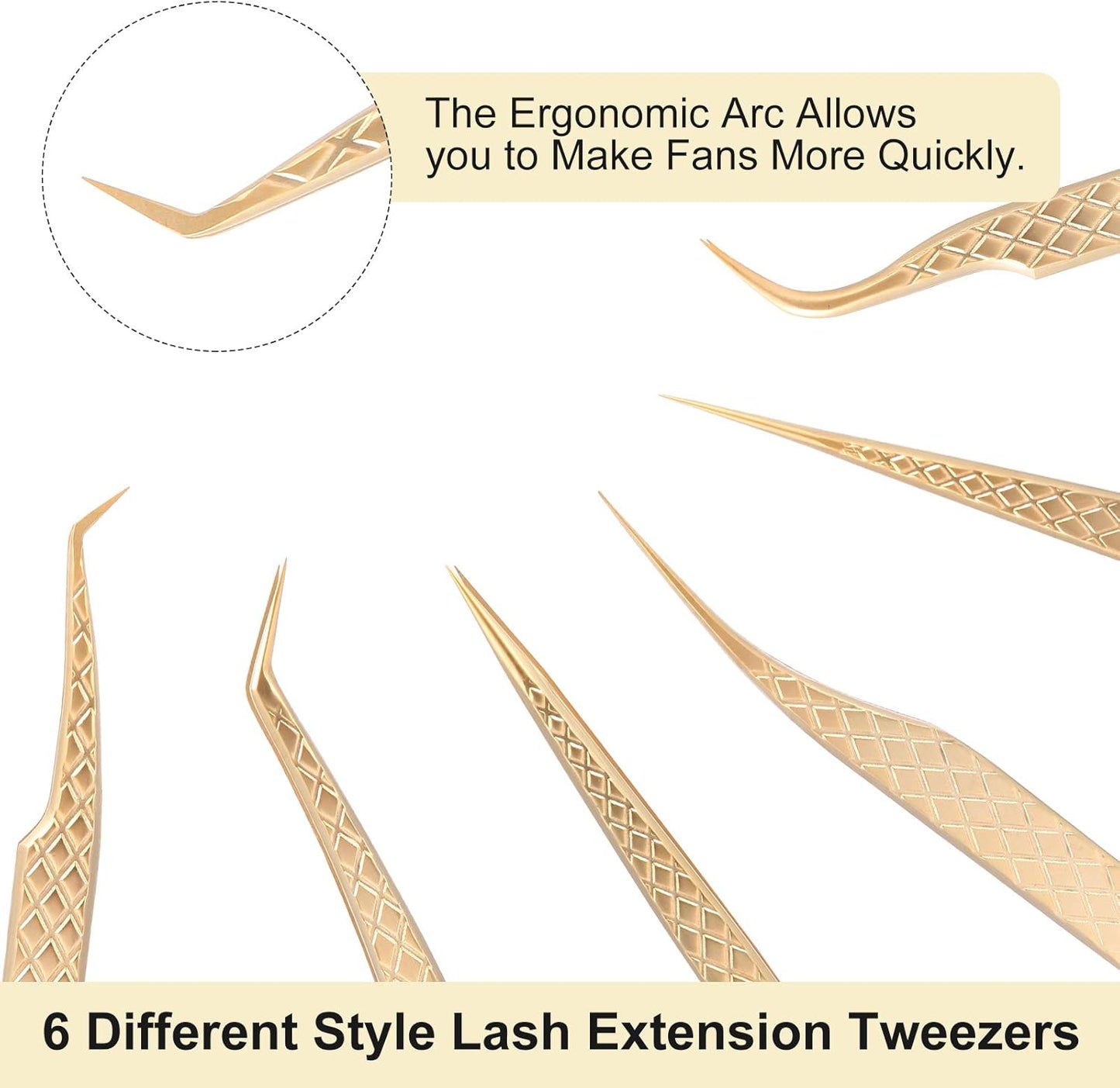 FEITA Eyelash Extension Tweezer Set Gold Lash Applicator Tool - Precision Lashes Diamond Grip Tweezers for 2D-6D Volume & Individual Eyelashes Extensions Supplies (6Pcs)