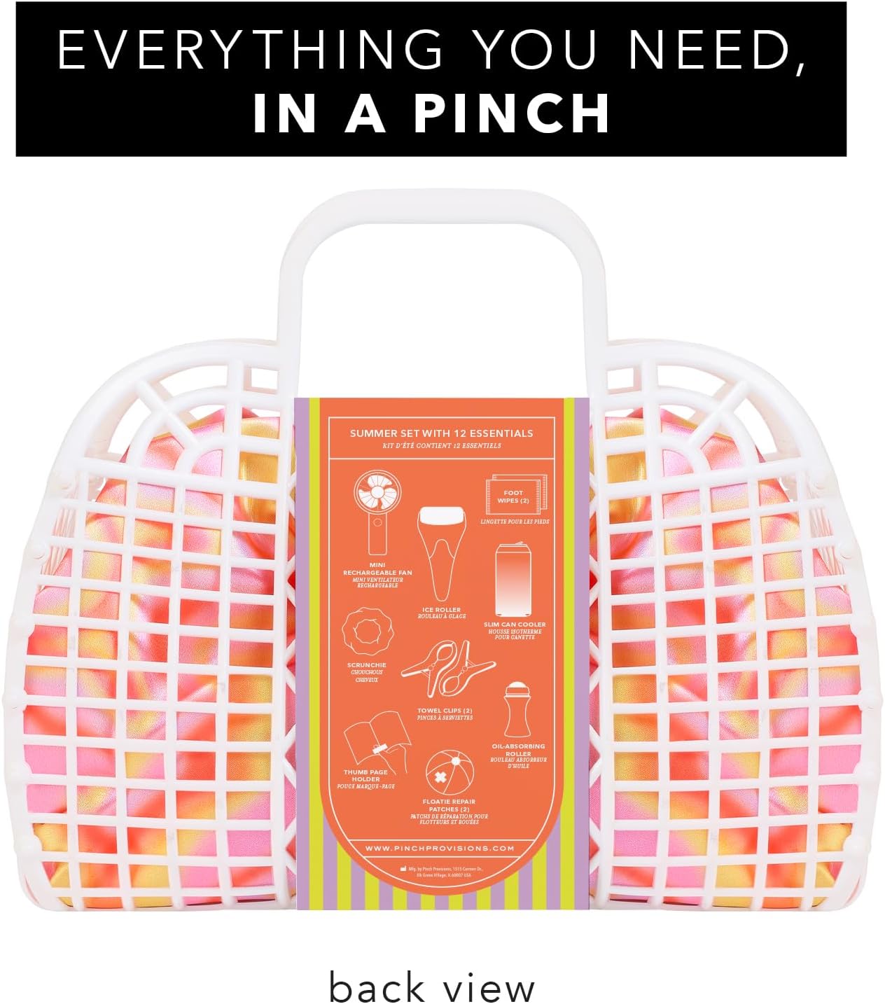 Pinch Provisions Super Summer Jelly Tote, 12 Beach & Poolside Accessories For Beauty, Perfect for Pool & Beach Days, Includes Oil Absorbing Roller, Rechargable Fan, Towel Clips, & Ice Roller