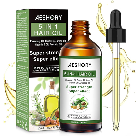 Aeshory Hair Oil - 5 IN 1 Hair Care Oil with Rosemary, Castor, Argan, Vitamin E, and Avocado for Hair Growth and Strengthening - Nourishing and Volumizing 3.38 fl oz