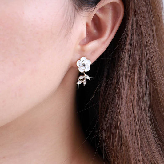 Vintage Crystal Flower Earrings Rhinestone Leaf Drop Earrings White Camellia Stud Earring Gold Cz Flower Bridal Earrings Jewelry for Women