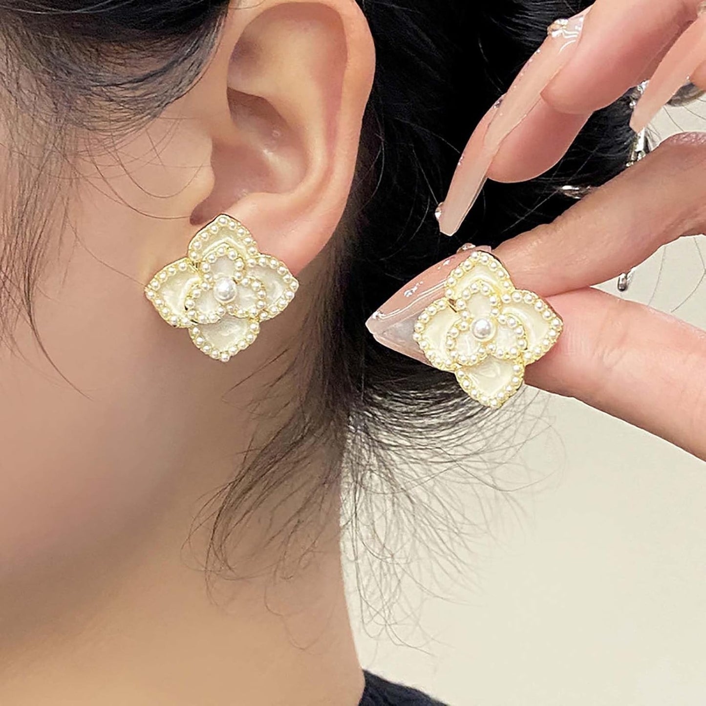 Vintage Pearl Flower Earrings Gold Pearl Stud Earrings Large Camellia Earrings Enamel Camellia Flower Petal Earrings Jewelry for Women