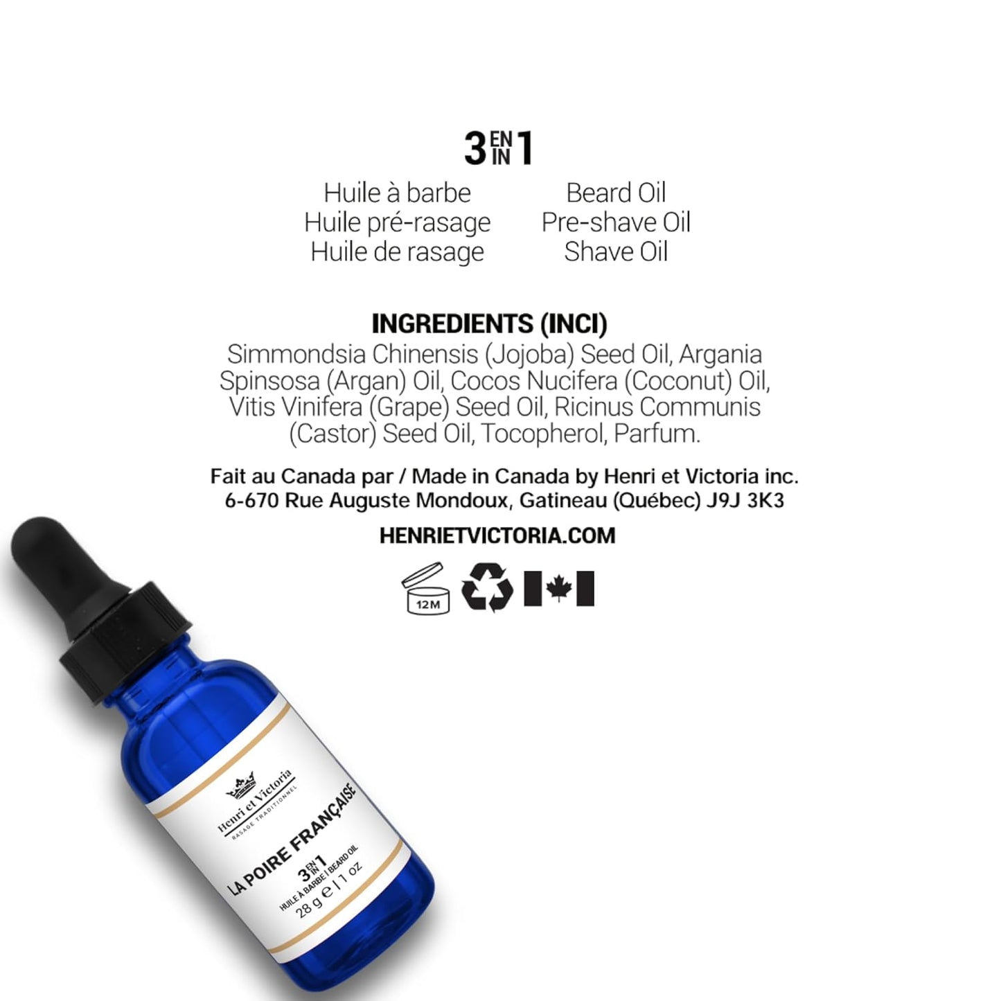 Beard Oil La Poire Française Fragrance | Canadian Made by Skilled Artisan | Moisturizing, Non-Greasy, Natural Ingredients