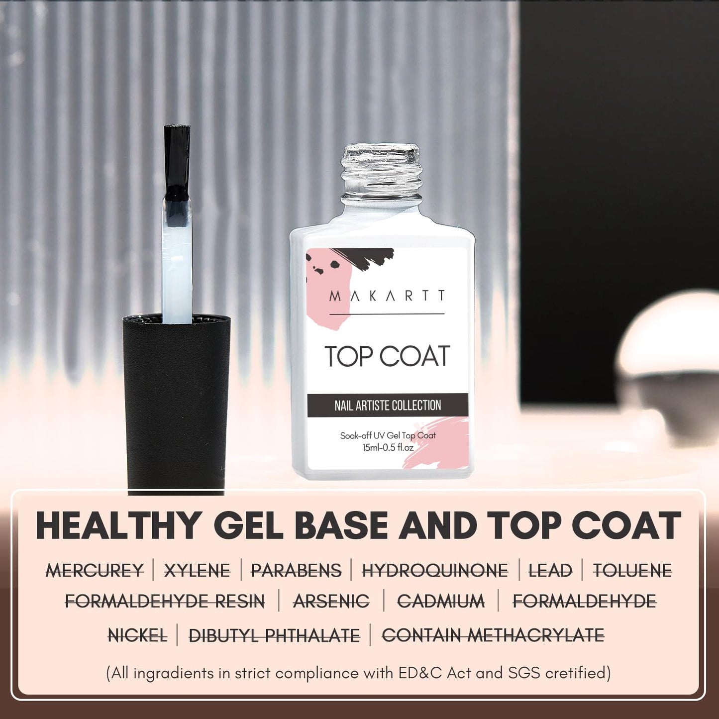 Makartt Gel Top Coat No Wipe, 15ML Clear Top Coat Gel Nail Polish, High Gloss Shine Finish Long Lasting Soak Off UV Nail Lamp Need for Acrylic Nails, Salon Quality Home DIY Manicure