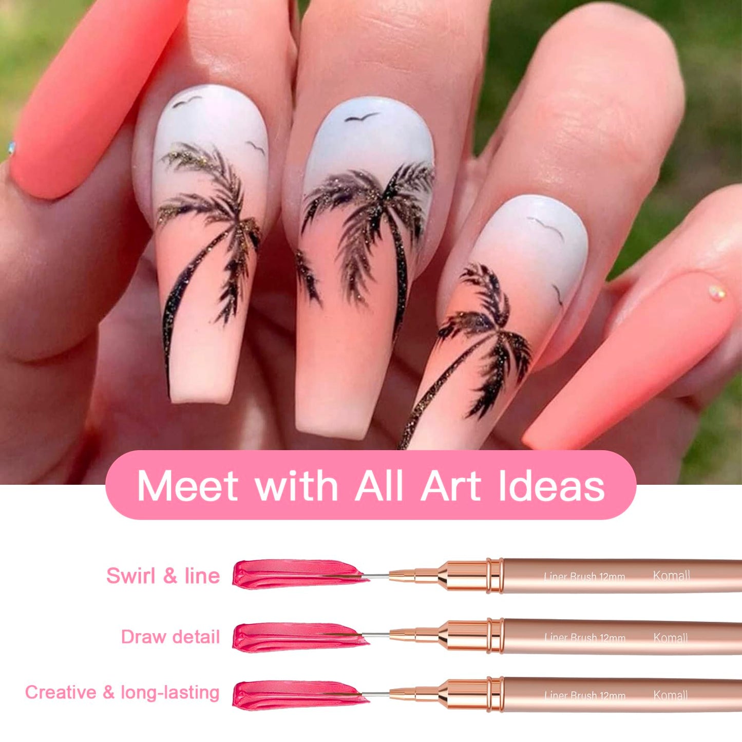 Metallic Nail Art Brushes, 5Pcs Liner Brush Set, UV Gel Polish Painting Art Design Pen for Long Lines, Thin Details, Fine Drawing Sizes 4/8/12/20/25mm(Champagne Gold)