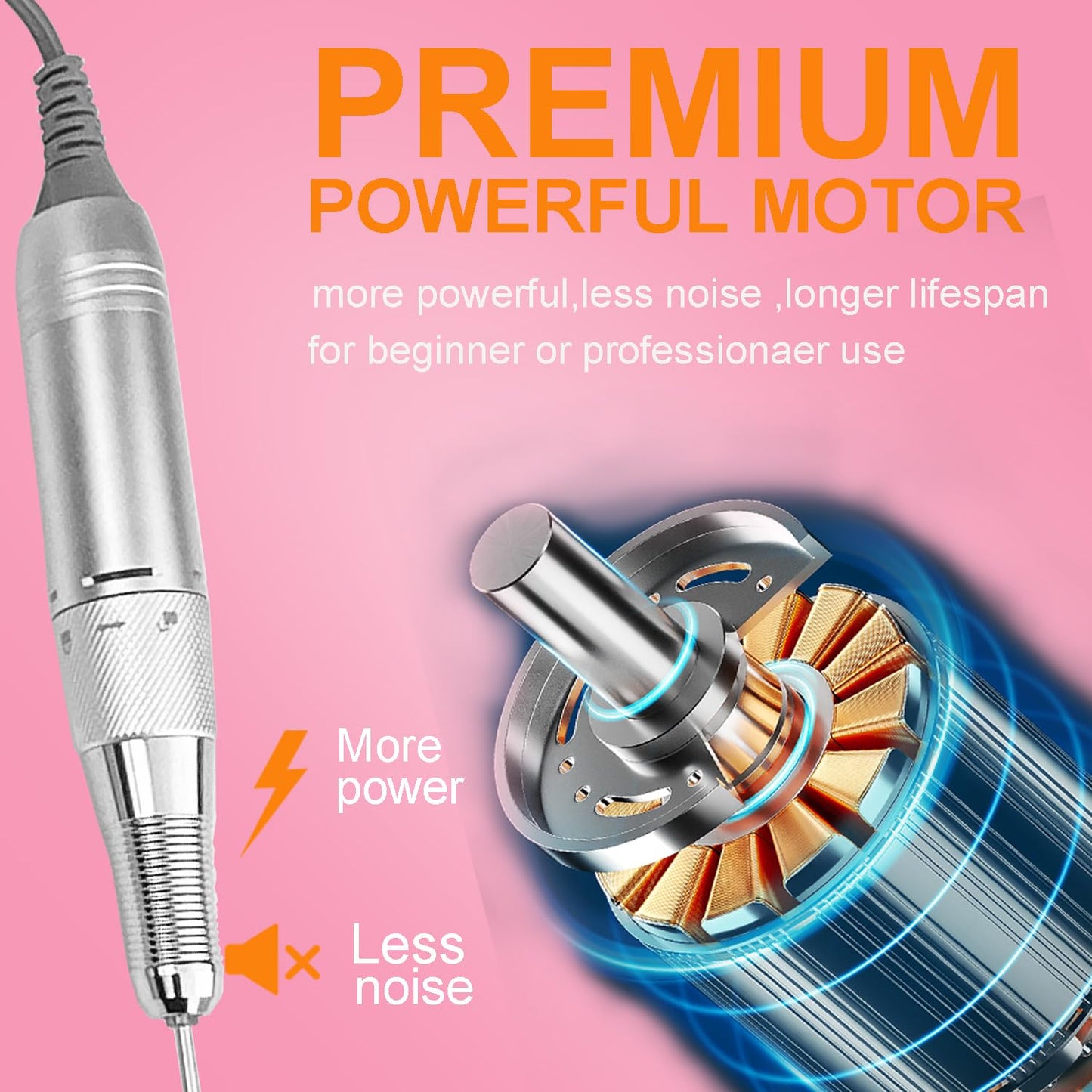 Professional Cordless Nail Drill Machine - Rechargeable Electric Nail File, 35,000 RPM Efile for Acrylic Gel Nails, Pedicure & Manicure Tools with LCD Screen, 13 Drill Bits (Pink)