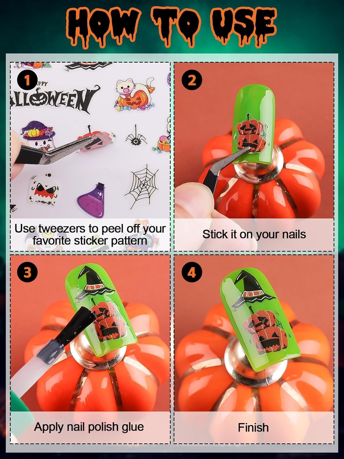 Halloween Nail Art Stickers Decals, Kalolary Self-Adhesive DIY Nail Sticker Decals 3D Design Nail Decorations for Halloween Party Include Pumpkin/Bat/Ghost/Witch(12 Sheets)