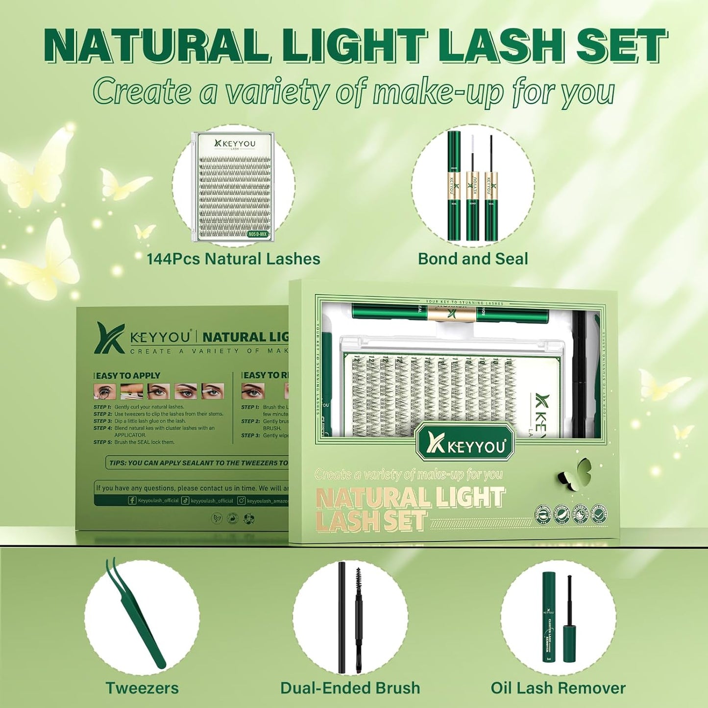 KEYYOU Natural Lash Clusters Kit 144Pcs DIY Lash Extension Kit Wispy Eyelash Extensions Kit D Curl 10-12MIX with Bond and Seal and tweezers with Thin Lash Band(KIT-N05-D-10-12MIX)