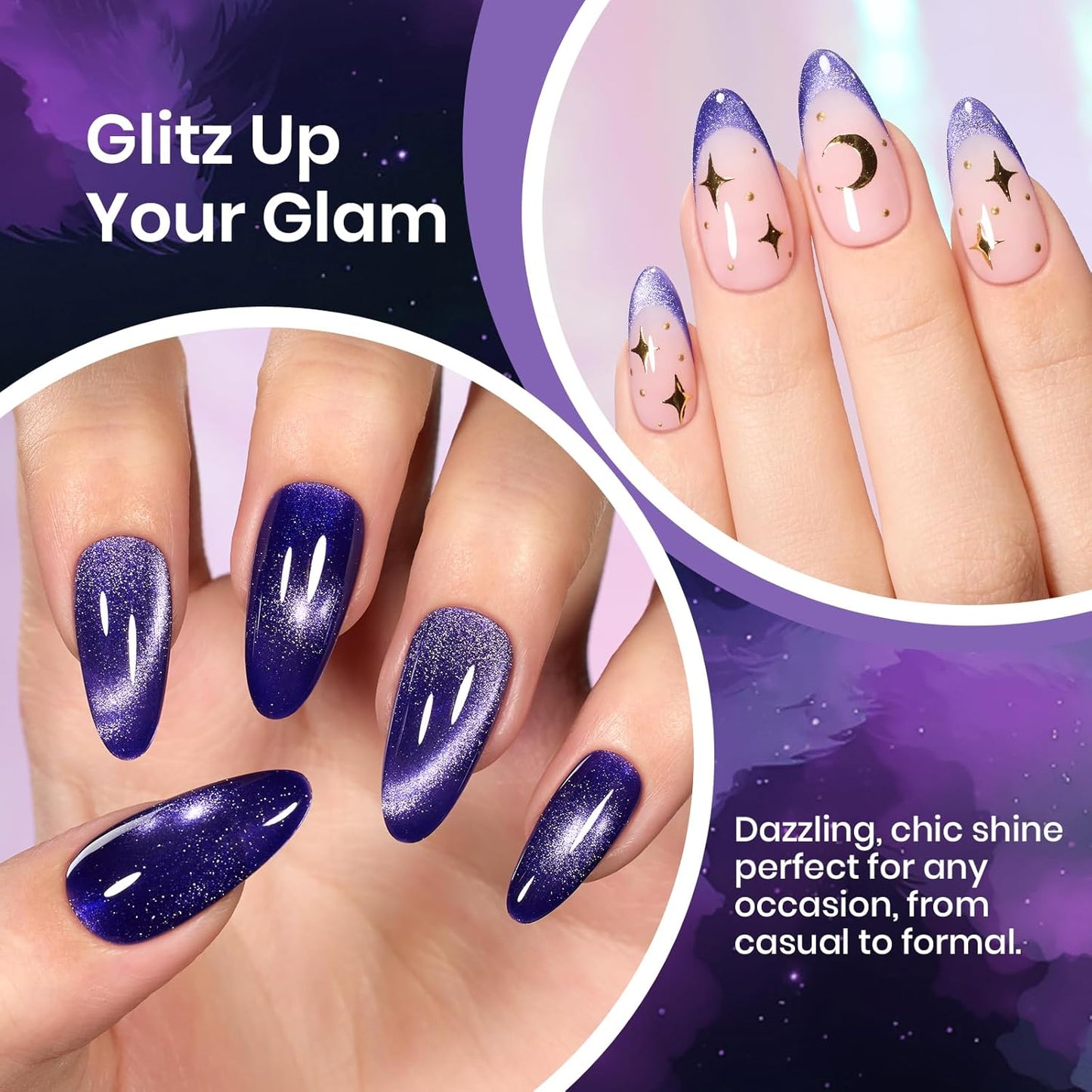 Beetles Cat Eye Gel Nail Polish, 15ML Purple Cat Eye Holographic Glitter Gel Polish with Magnet Soak Off UV Shimmer Velvet Gel Celestial Veil Series French Nail Art Design Manicure Gifts for Women