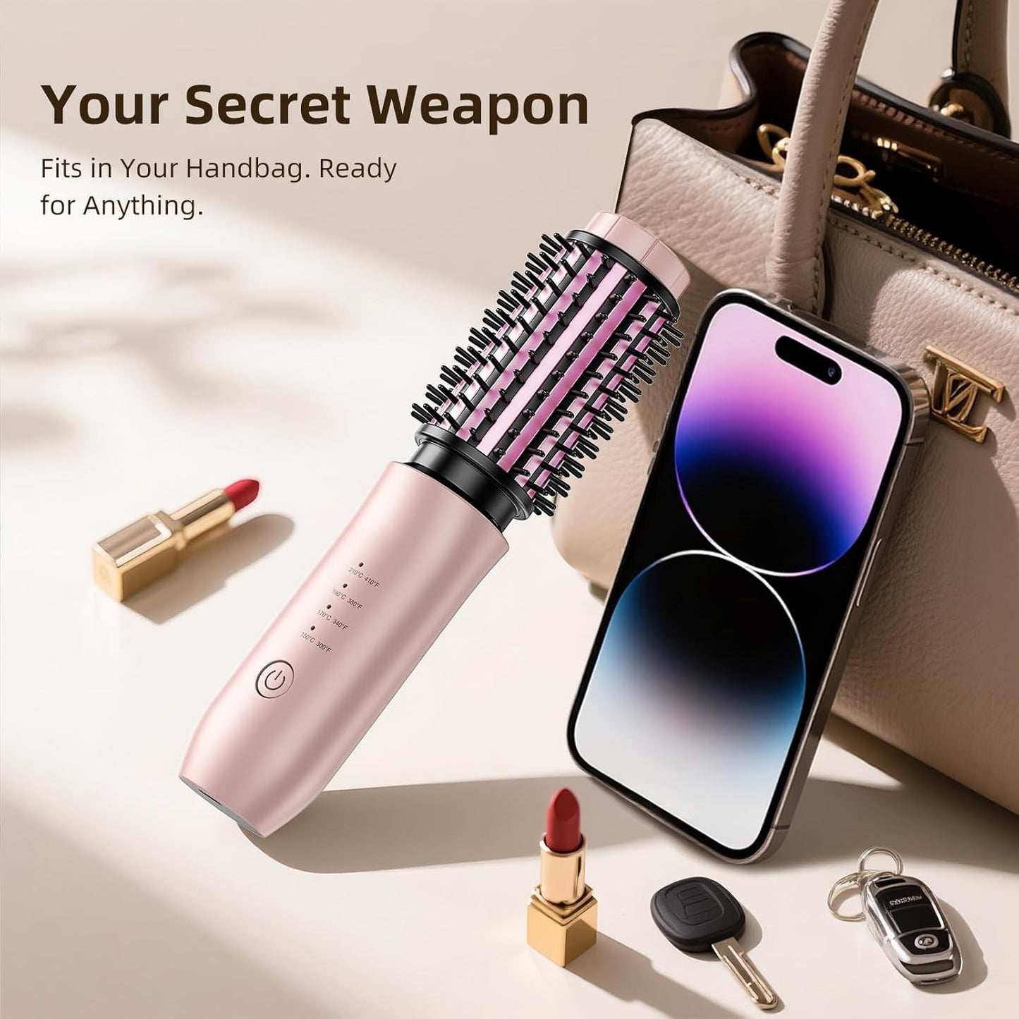 CARESKY® Cordless Curling Iron Brush, 1.5 Inch Mini Travel Hair Curler with 200 Million Negative Ions, Portable Heated Round Straightener Brush Rechargeable for Curl, Touch-Up, De-Frizz, Styling