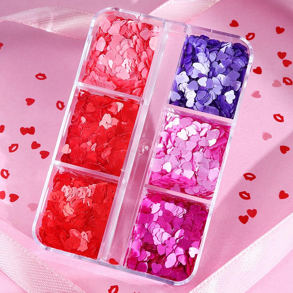 12 Grids Valentine’s Day Nail Art Glitter Sequins 3D Laser Red Pink Heart Glitters Nail Decals，Holographic Love Heart Nail Art Supplies for Women Manicure Charms Decorations Body Makeup Sets