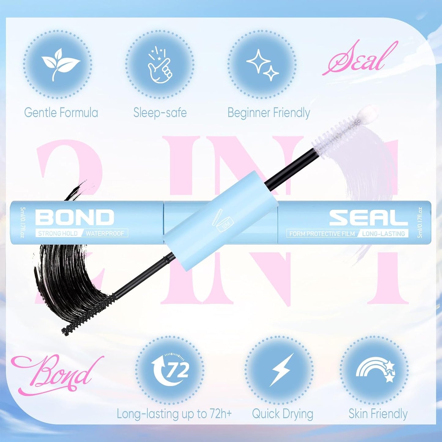 Lash Glue 2 in 1 Lashes Bond and Seal Waterproof Eyelash Glues Strong Hold Eyelash Adhesives Long Lasting Lash Cluster Glue for Eyelashes Extensions DIY at Home by ZANLUFLY