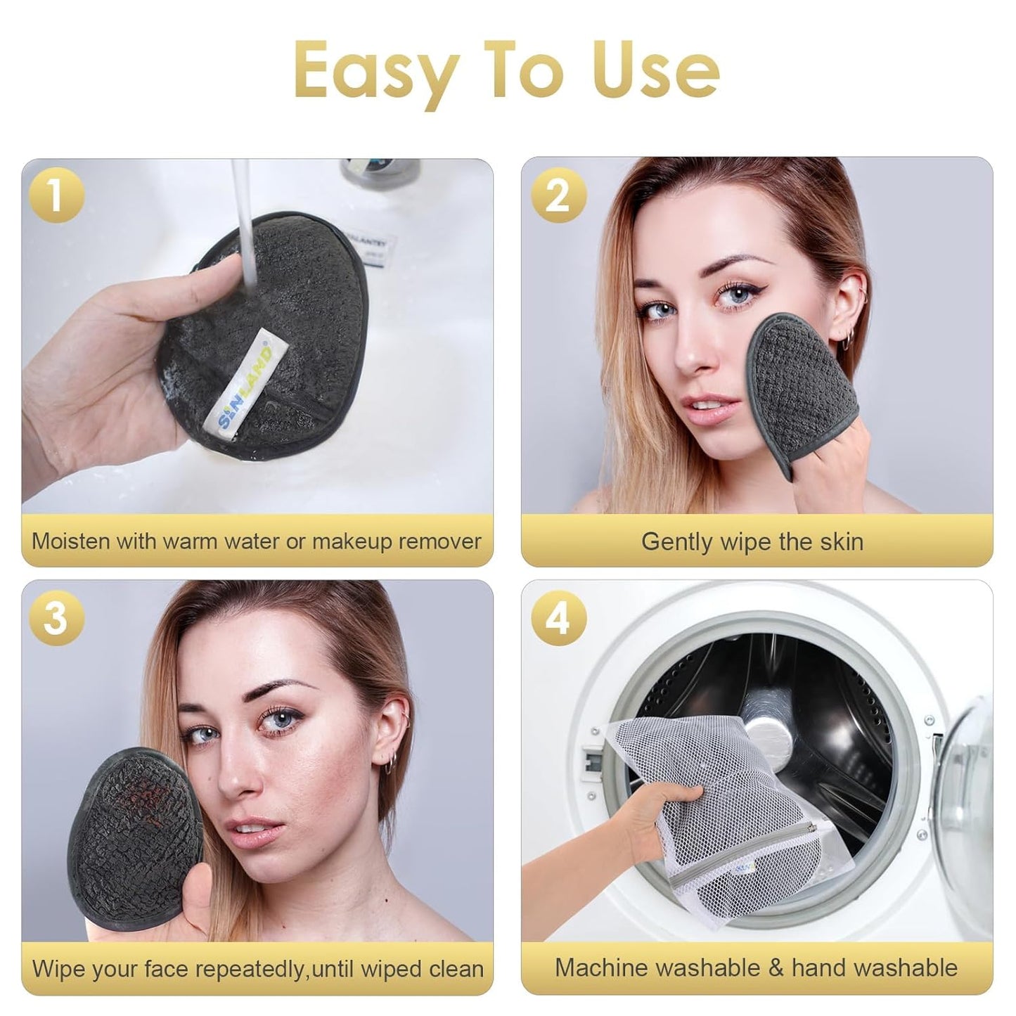 SINLAND Reusable Makeup Remover Pads For Face,Eye,Lips Microfiber Gentle Facial Cleansing Cloths for All Skin Types Friendly for Makeup Remover With Laundry Bag 5.1inchx3.93inch Gray Pack of 6