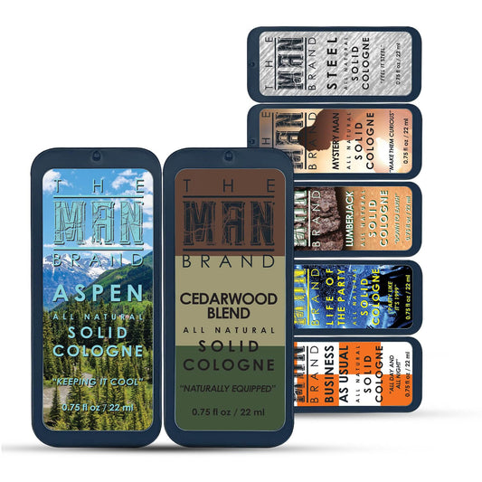 Mens Sample Solid Cologne Pack with Aspen, Lumberjack, Cedarwood Blend, Mystery Man, Life of the Party, Steel, and Business as Usual (Play Daily Solid Cologne Sampler Set - 7 Pack - 0.75 oz each)