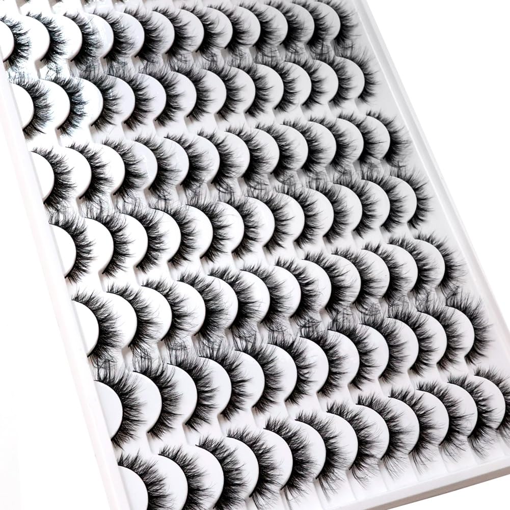 False Eyelashes 48 Pairs Faux Mink Lashes 14mm Wispy Lashes 3D Fluffy Cat Eye Lashes Pack Bulk Wholesale Strip Lashes(style 48-040)