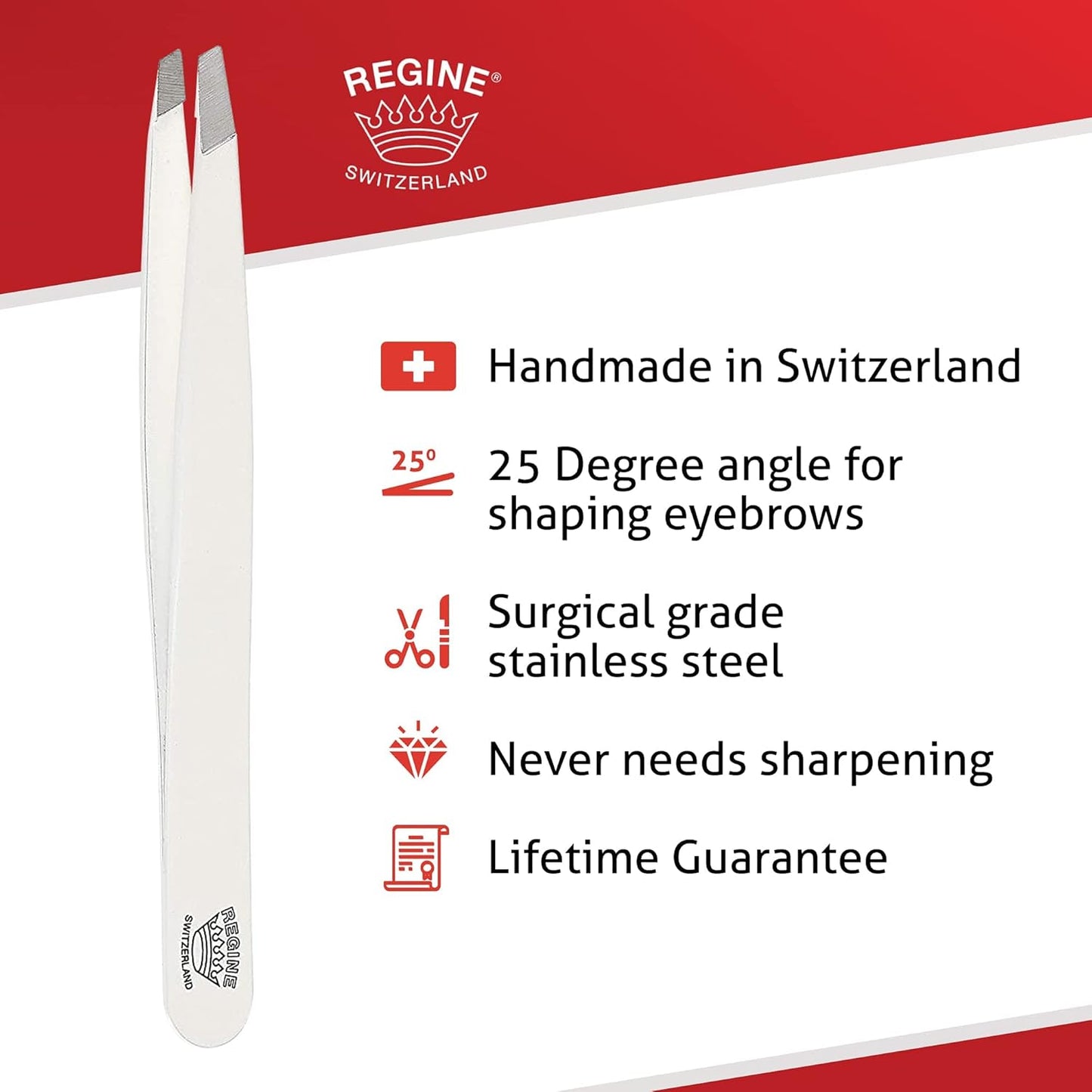 Slant Tweezer - Handmade in Switzerland - Professional Eyebrow & Facial Hair Remover - Etched Interior Grabs Hair from The Root - Perfectly Aligned Tips - Stainless Steel, White