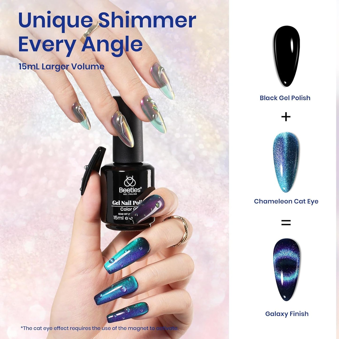 Beetles Blue Cat Eye Gel Nail Polish - 15ML Glitter Blue Chameleon Sparkle Holographic Nail Polish with Magnet Translucent Mystical Aura Gel Soak Off UV LED Nail Lamp Nail Art Manicure Salon DIY Home