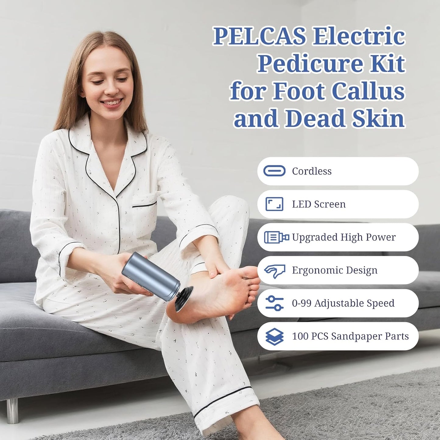 PELCAS Electric Foot Callus Remover with LED Screen, Upgraded Electric Foot File, 2 in 1 Manicure & Pedicure Kit for Women & Men, Cordless Feet Filer for Foot Callus, Thick Nails, Finger Nails Grey