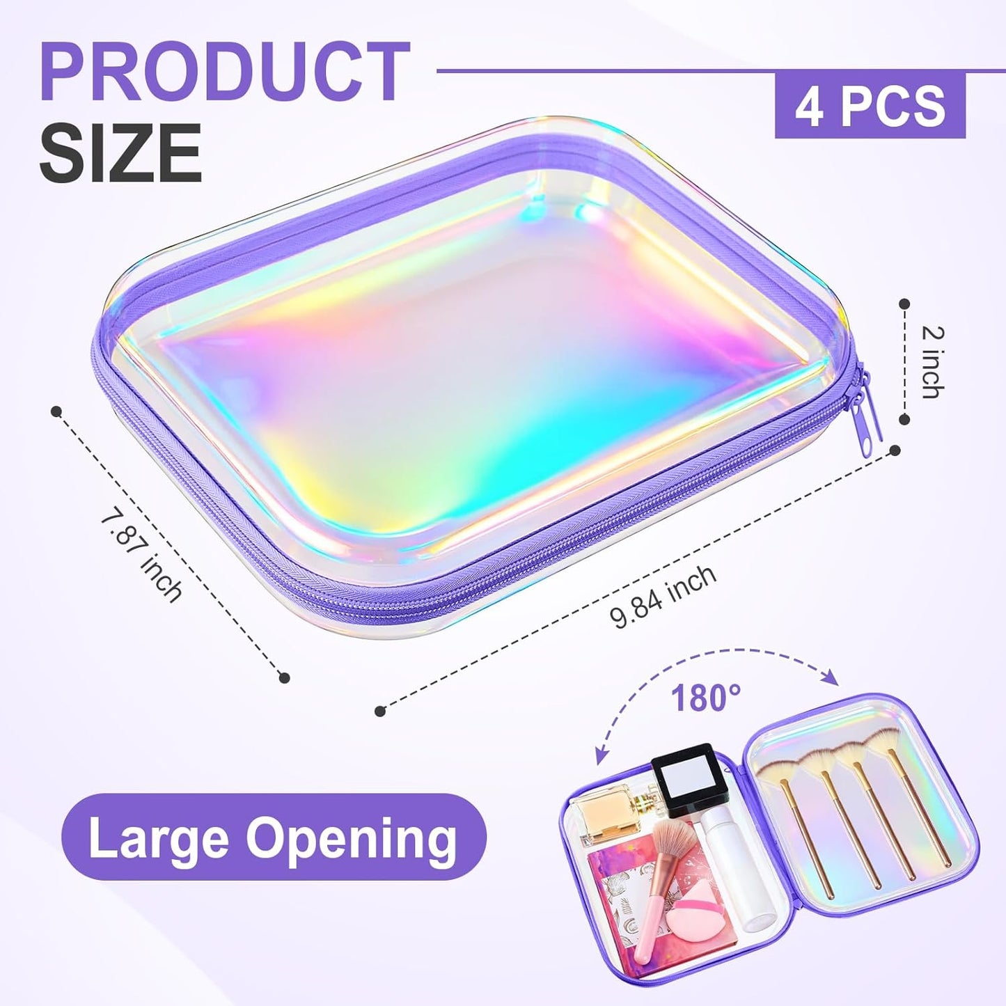 Hoolerry 4 Pcs Hard Clear Zipper Case Makeup Bags Plastic Pencil Pouch Transparent Storage Box Containers for Cosmetics, Snacks, Building Blocks, Puzzles(Purple Laser,9.8 x 7.9 x 2 in)