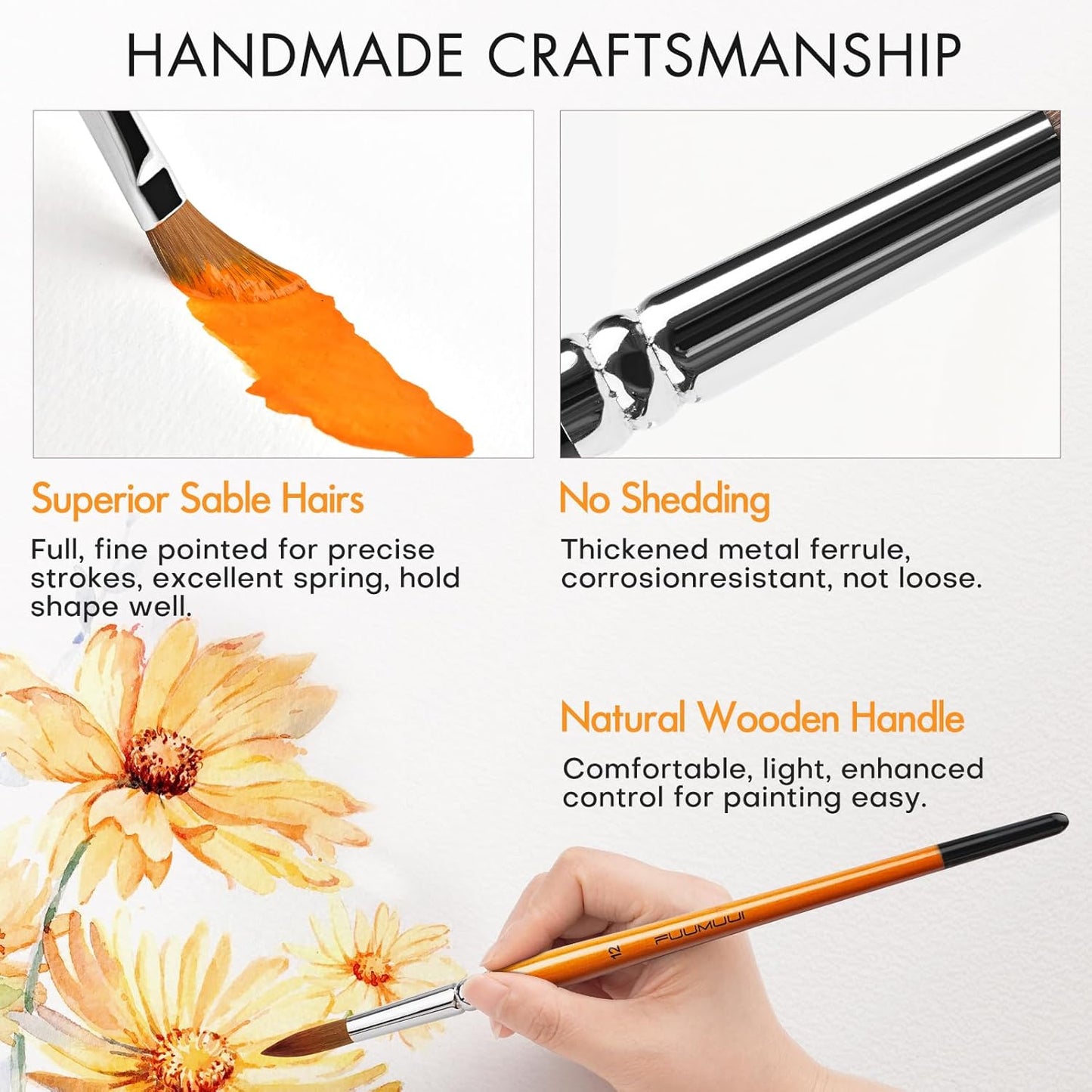 Sable Watercolor Brushes Kolinsky Watercolor Paint Brushes for Artists Professional 6pcs - Pointed Rounds Cat Tongue Oval Wash Dagger for Watercolor Acrylics Inks Gouache Painting