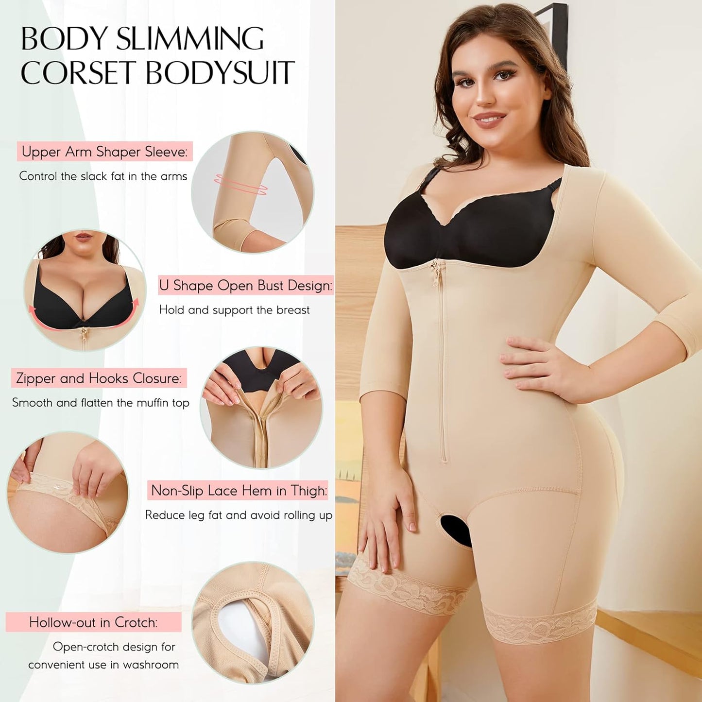 MERYOSZ Full Body Waist Trainer for Women Zipper Tummy Control Bodysuit Upper Arm Shaper Open Bust Slimmer Corset Shapewear