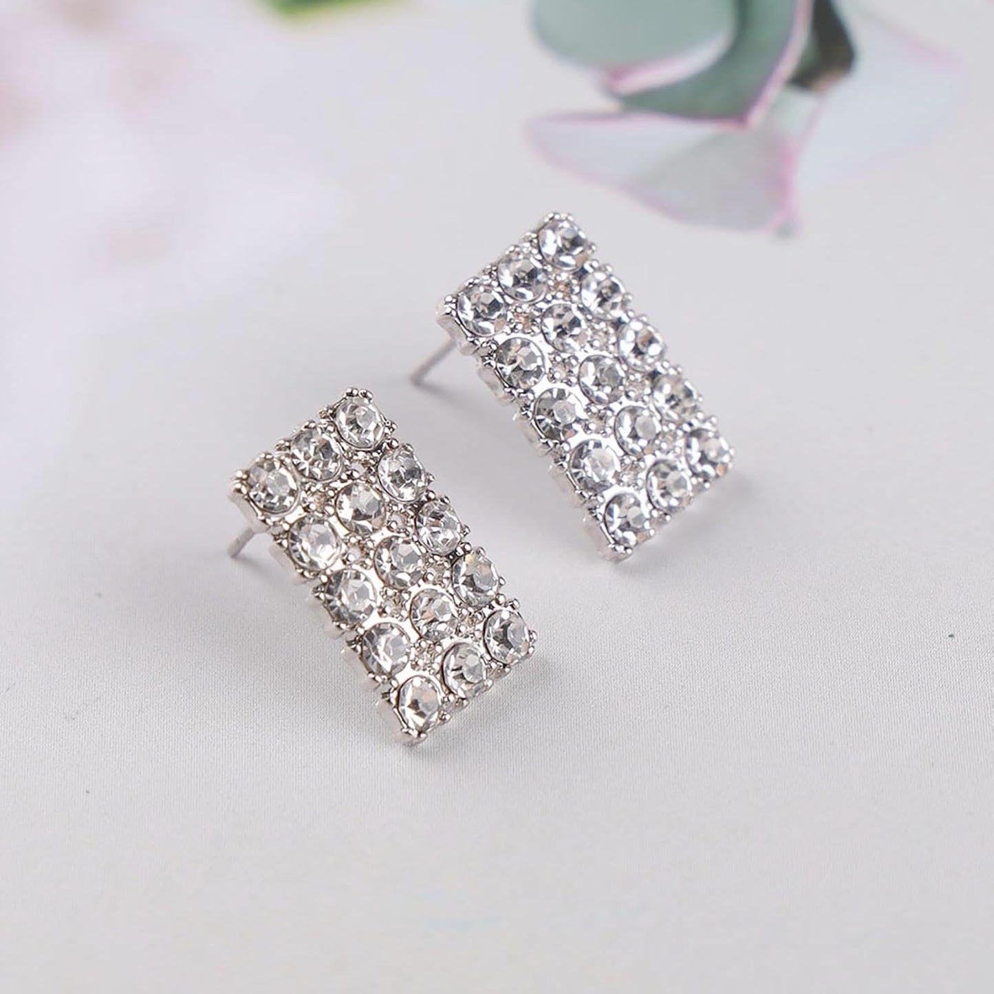 Vintage Rhinestone Square Earrings Square Crystal Earrings Silver Geometry Square Stud Earrings Sparkly Cz Bridal Earrings Jewelry for Women