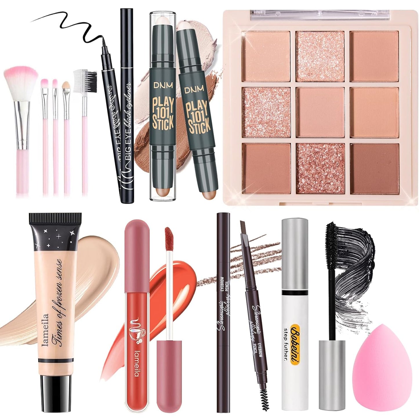 Makeup Set for Girls Teens Women, Makeup Present Set, Makeup Kit, Includes Eyeshadow Palette, Foundation, Blusher, Eyebrow Pencil, Eyeliner, Lip Gloss, Lip Oil, Makeup Brushes & Sponge