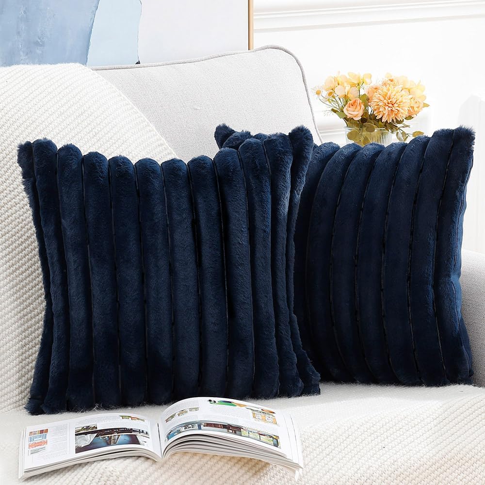 MADIZZ Set of 2 Faux Wool Plush Decorative Throw Pillow Covers 24x24 Inch Dark Blue Fluffy Striped Soft Decorative Cushion Cover for Sofa Bedroom Pillow Shell