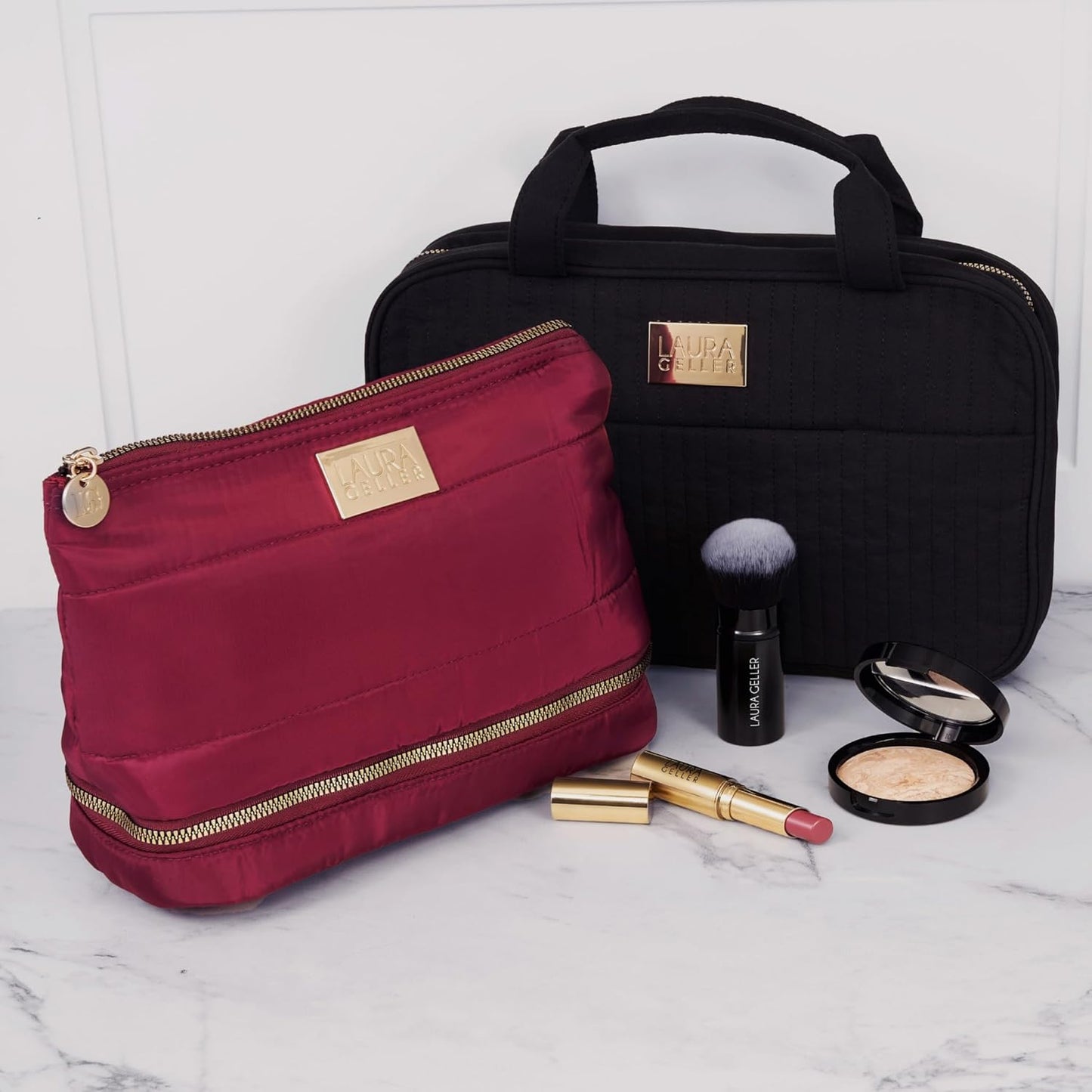 LAURA GELLER NEW YORK Quilted Makeup Bag with Brush Case, Burgundy - Toiletry Bag Organizer for Travel - Large Capacity Full Size Makeup Bag - Easy to Clean