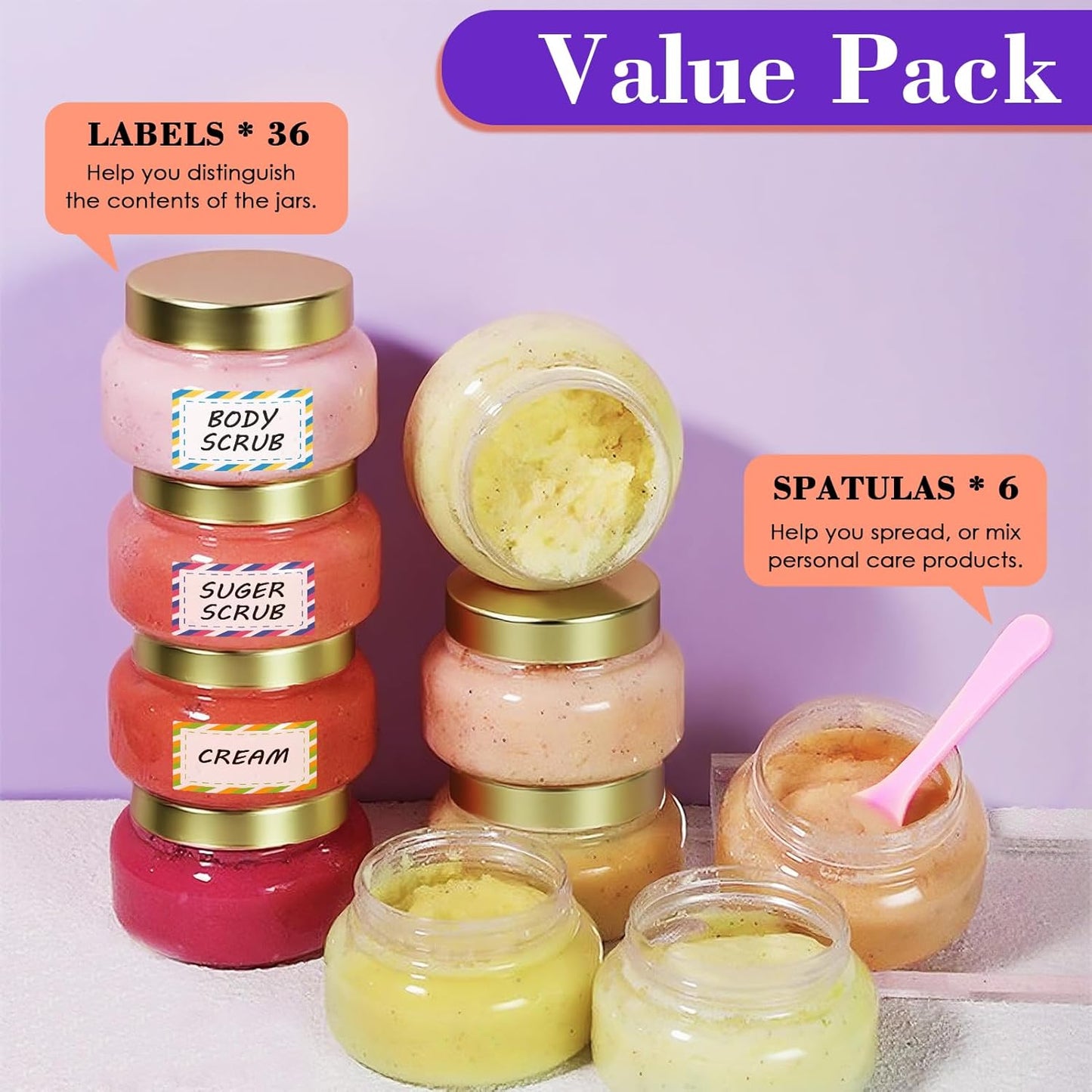 36 Pack 8 oz Plastic Cosmetic Containers With Lids Refillable Clear Empty Travle Jars Containers for Body Butter,Sugar Scrubs,Cream,Lotions,Candy, Waterproof Label&Spatulas - (Gold)