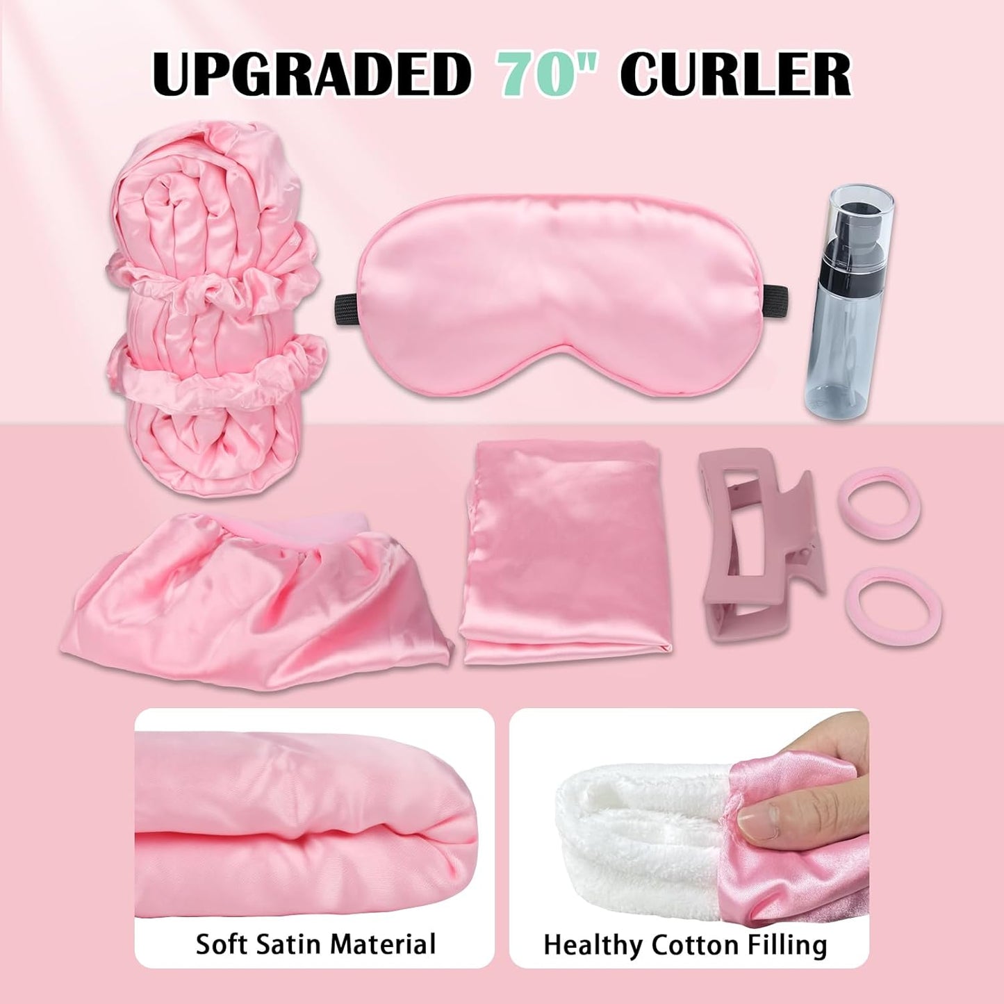 Satin Heatless Curls Overnight Hair Curlers to Sleep In Hair Curler Rollers No Heat Hair Wrap for Curls Headband, 70" Satin Heatless Curling Rod Set for Women Long Waves Hair Volume-Pink 10PCS