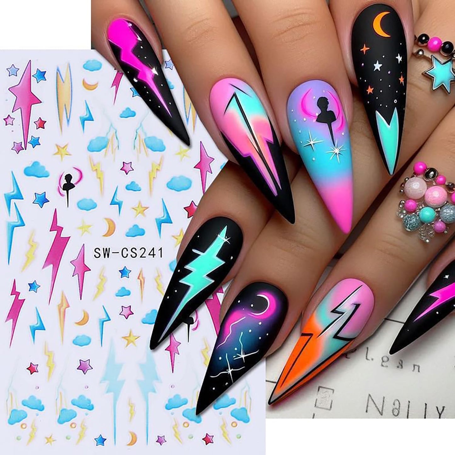 Lightning Nail Art Stickers 3D Self-Adhesive Nails Sticker Colorful Lines Nail Art Decals Holographic Stars Nail Decal Decoration for Women Cute Clouds Manicure Stickers DIY Nails Art Sticker Supplies