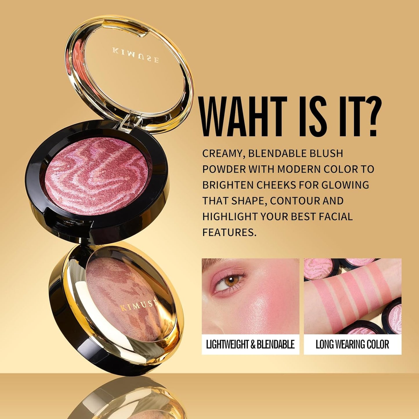 KIMUSE Baked Blush, Lighting Glow Marbleized Blush Powder Blush, Contour & Highlight Face for a Creamy Lightweight Natural Finish